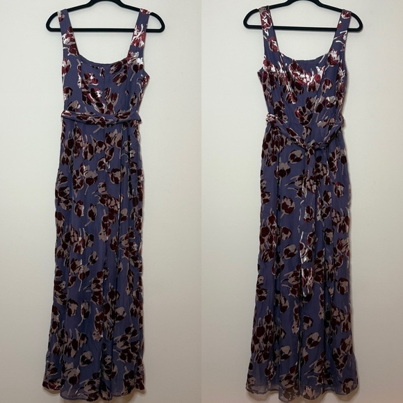 NWT ANTHRO Moulinette Soeurs Boho Purple Velvet Burnout Belted Wide Leg Jumpsuit - Picture 2 of 11